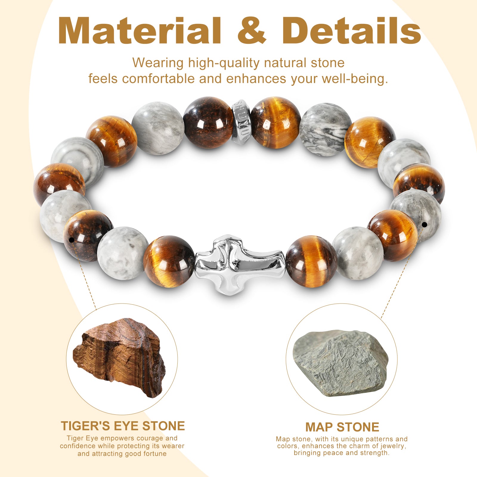 Mens Christian Cross Bracelet – Natural Gemstones (Silver Obsidian/Lapis Lazuli/Tiger Eye) – Adjustable, Symbol of Faith & Protection