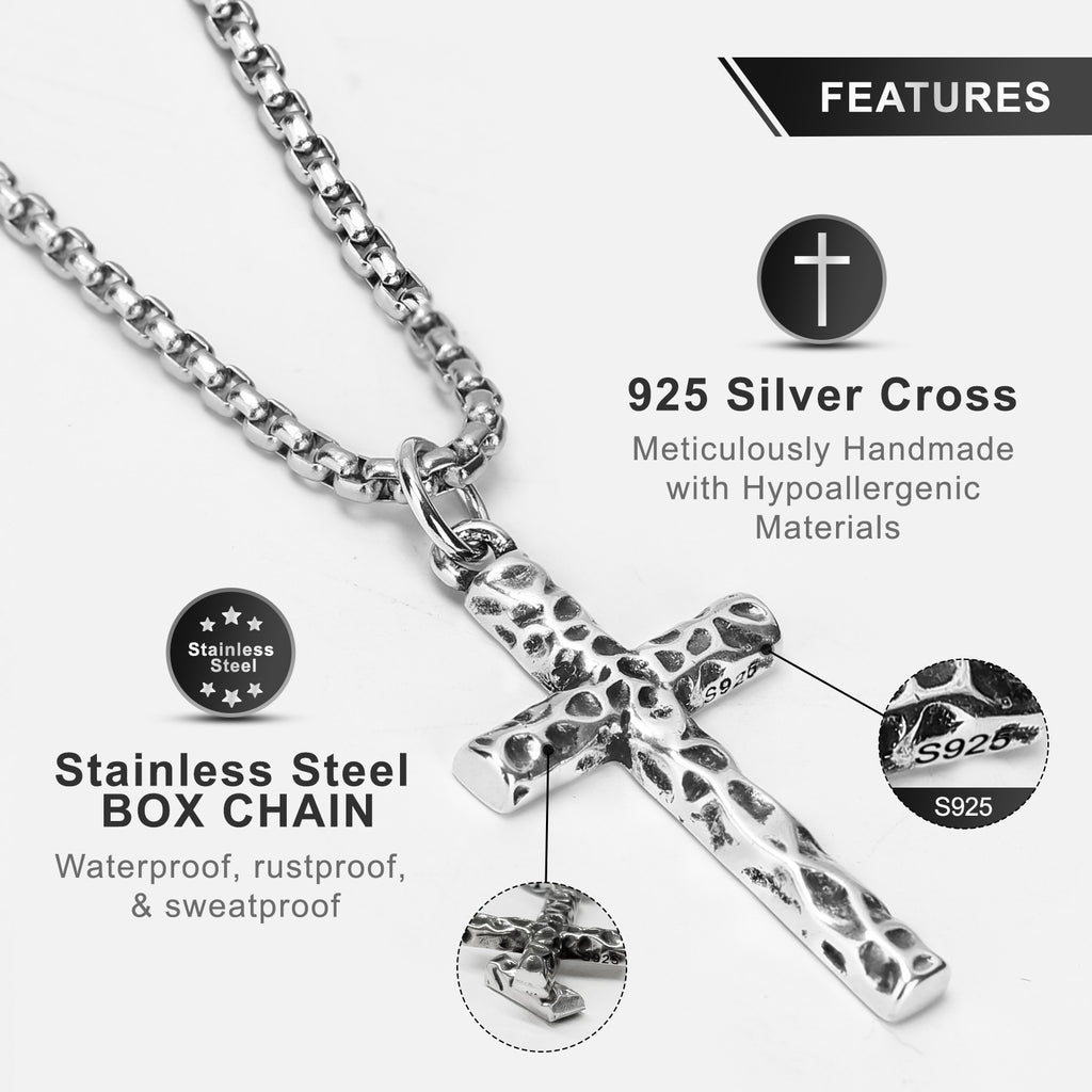 S925 Sterling Silver Cross Necklace for Men – Handcrafted Hammered & Diagonal Texture Pendant Symbolizing Faith, Strength & Protection | Gift for Father’s Day, Christmas, Easter, Birthday & More