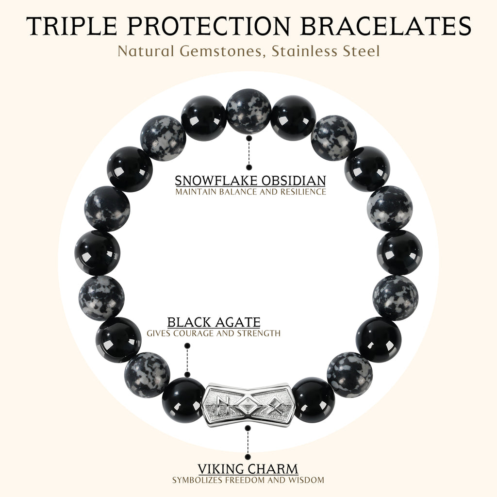 Viking Rune Beaded Bracelet for Men – Natural Gemstones (Lapis Lazuli/Black Agate/Tiger Eye) – Adjustable Elastic, Symbol of Strength & Protection, Perfect Gift for Men