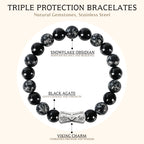 Viking Rune Beaded Bracelet for Men – Natural Gemstones (Lapis Lazuli/Black Agate/Tiger Eye) – Adjustable Elastic, Symbol of Strength & Protection, Perfect Gift for Men