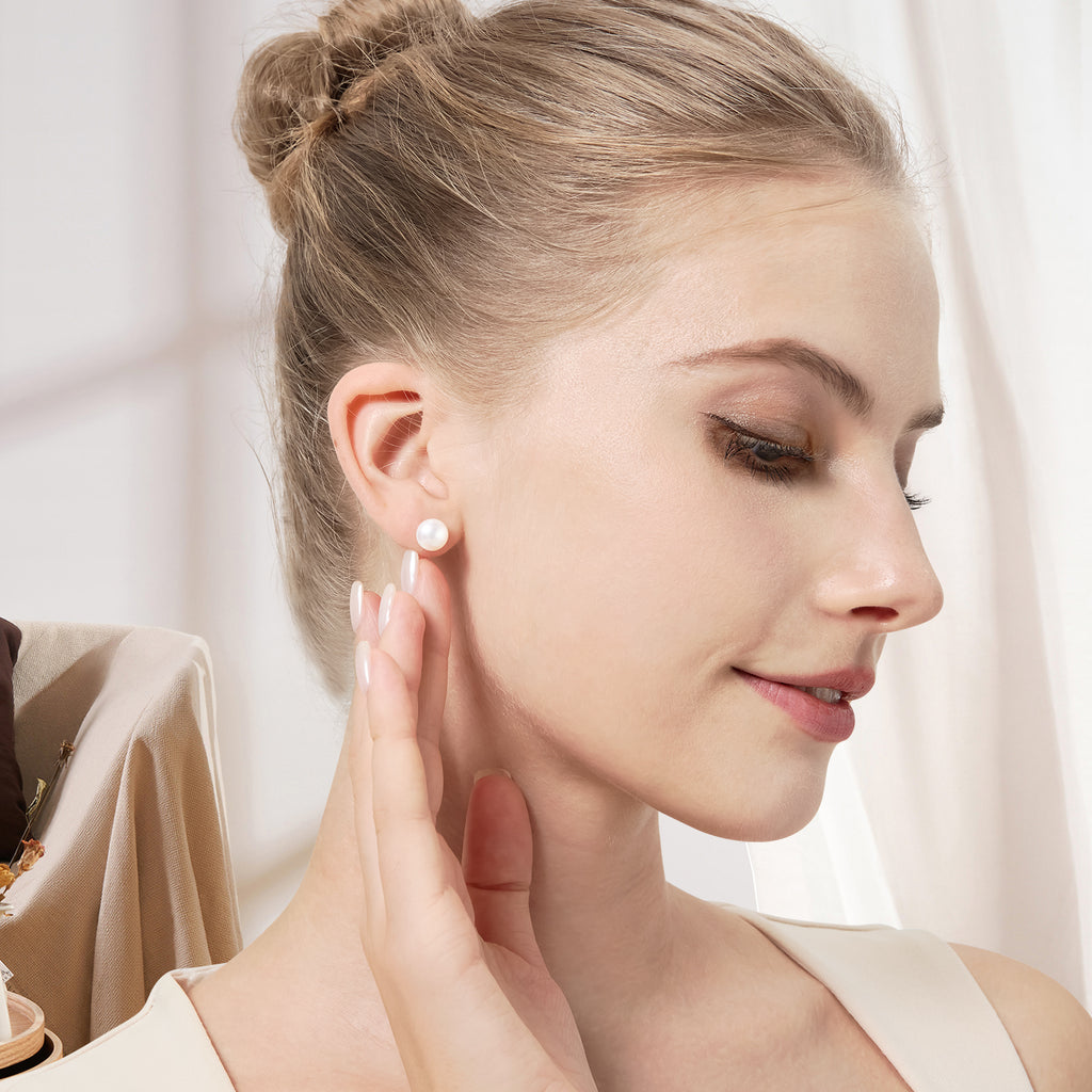 925 Sterling Silver Pearl Stud Earrings for Women – Natural Freshwater Pearls, 18K White Gold Plated, Hypoallergenic & Perfect for Everyday Elegance