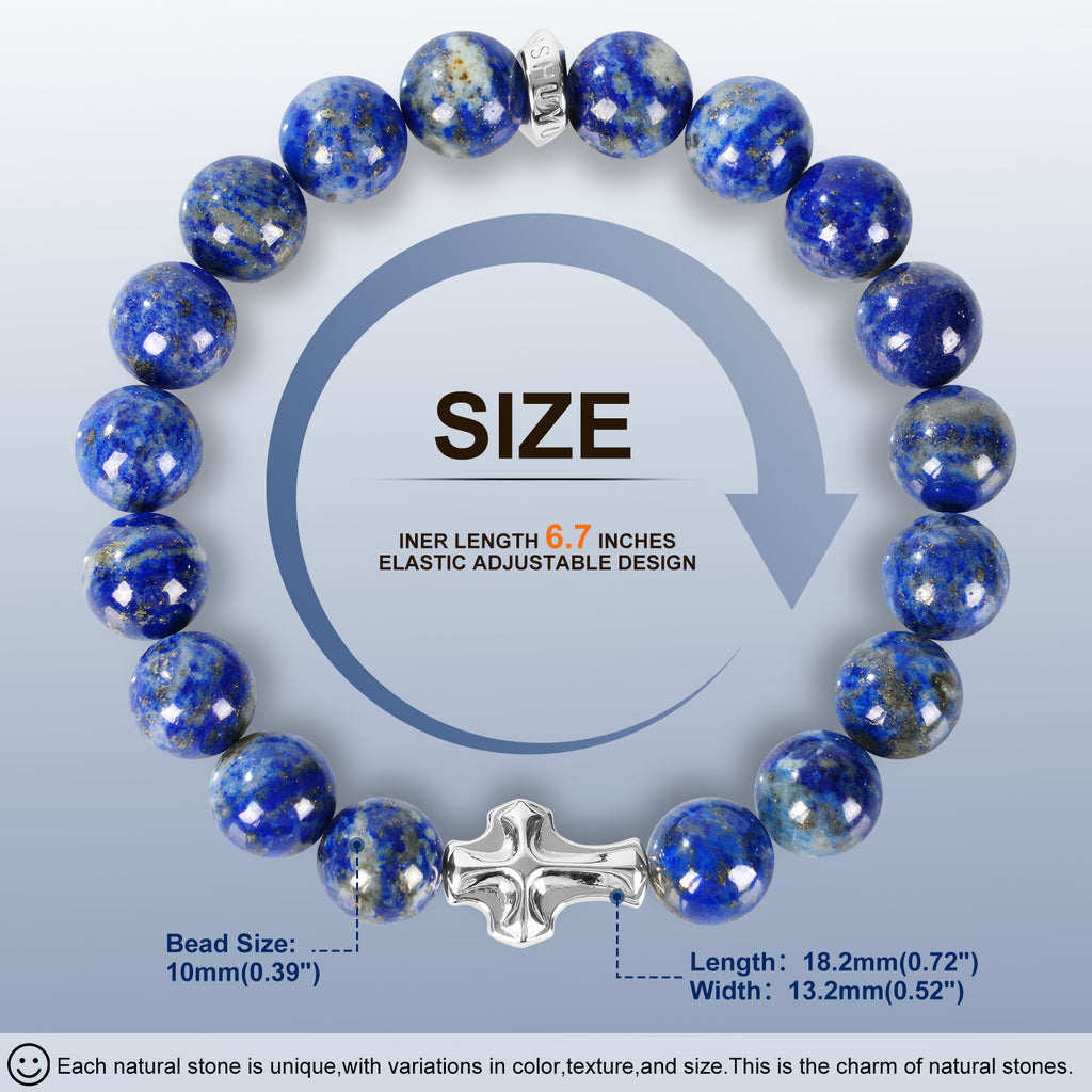 Mens Christian Cross Bracelet – Natural Gemstones (Silver Obsidian/Lapis Lazuli/Tiger Eye) – Adjustable, Symbol of Faith & Protection