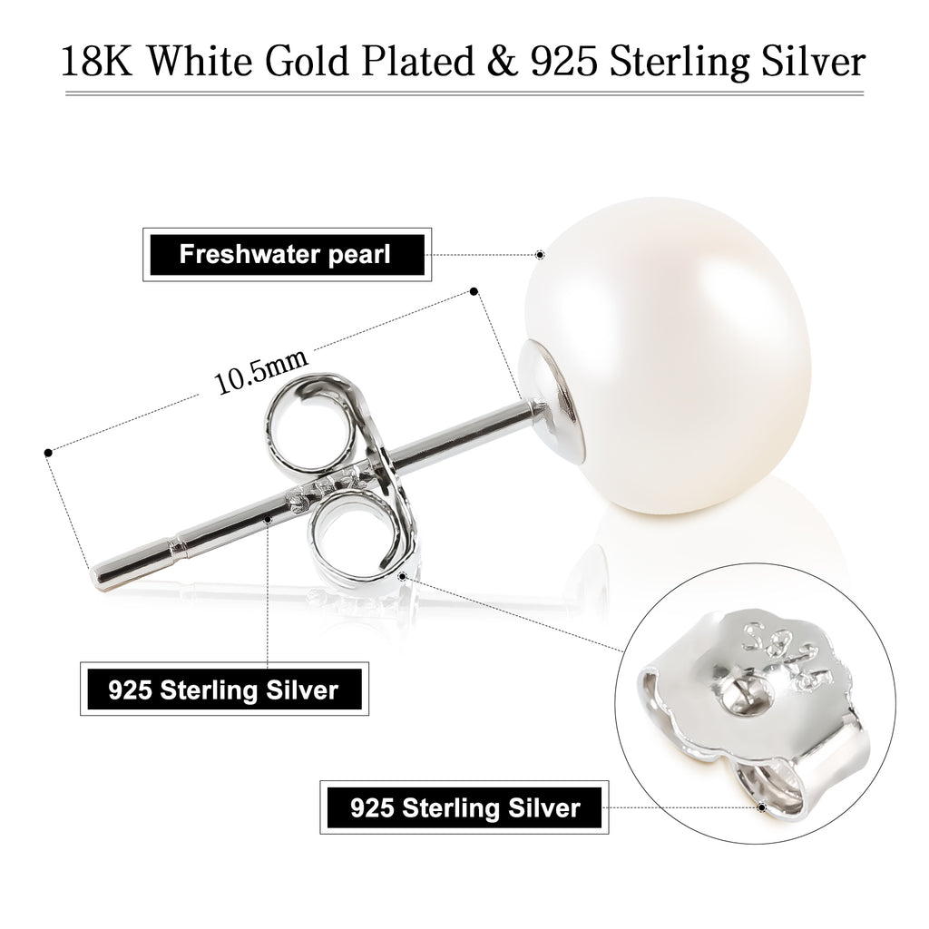 925 Sterling Silver Pearl Stud Earrings for Women – Natural Freshwater Pearls, 18K White Gold Plated, Hypoallergenic & Perfect for Everyday Elegance