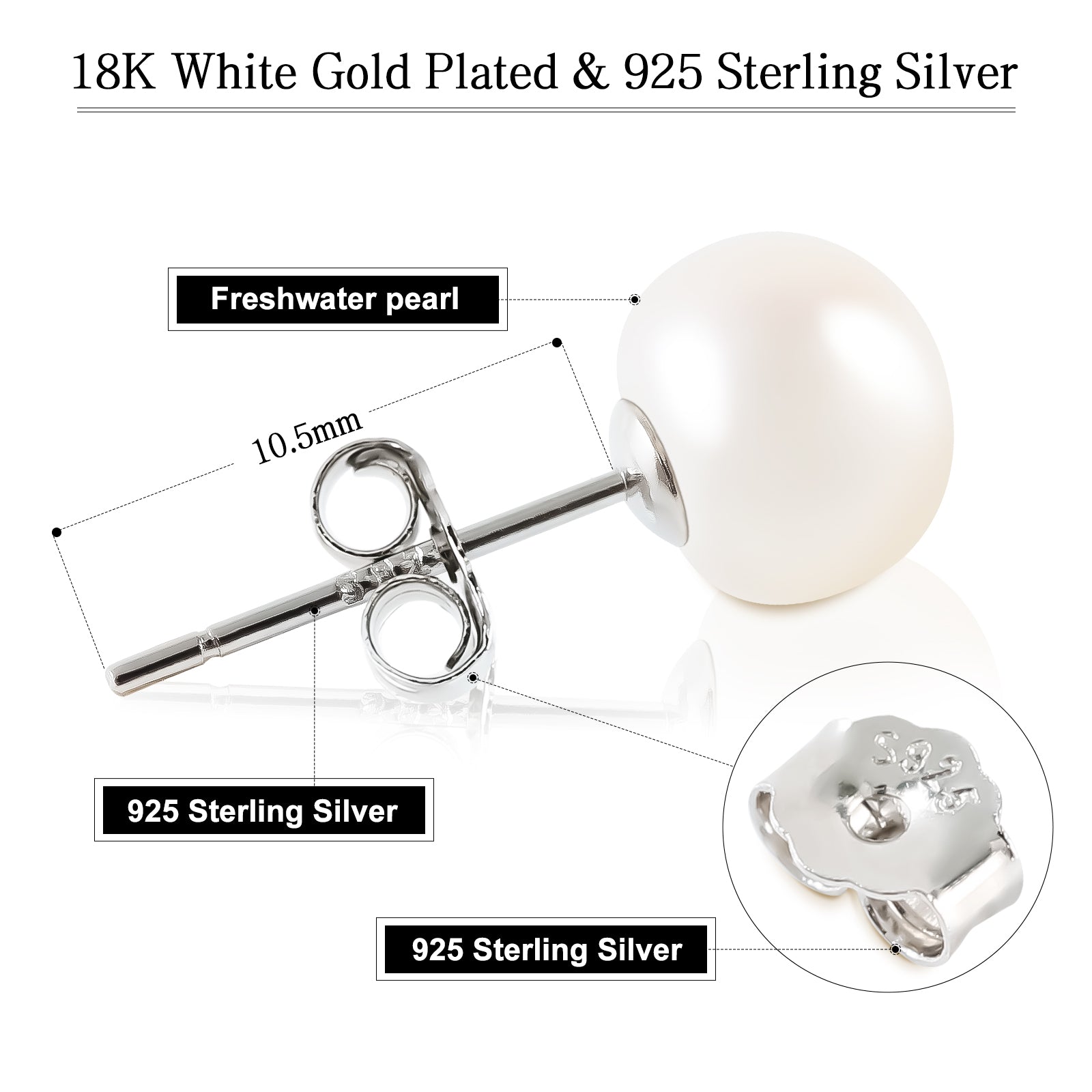 925 Sterling Silver Pearl Stud Earrings for Women – Natural Freshwater Pearls, 18K White Gold Plated, Hypoallergenic & Perfect for Everyday Elegance
