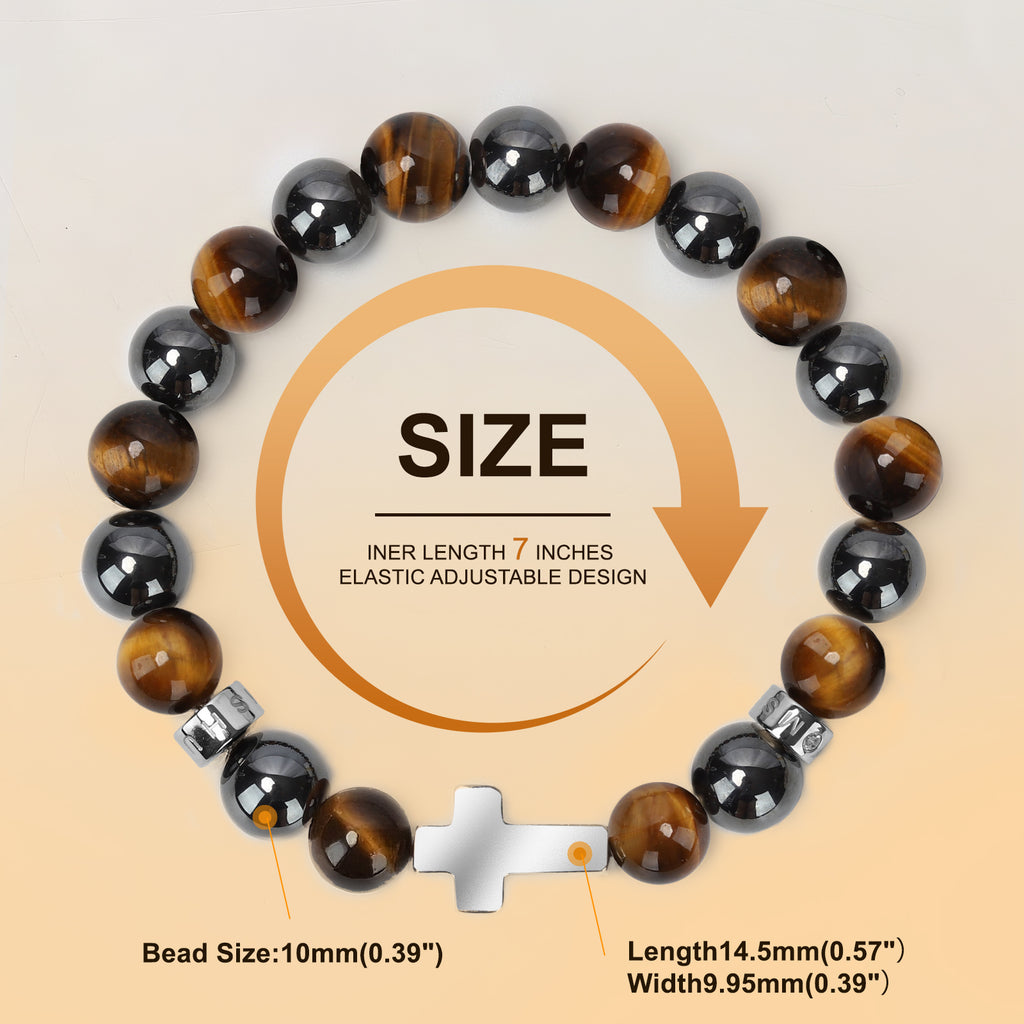 Men’s Christian Cross Energy Bracelet – 10mm Natural Stone Beads for Faith, Spiritual Protection & Inner Strength | Tiger Eye, Hematite, Obsidian, Blue Vein, Map Stone, Howlite