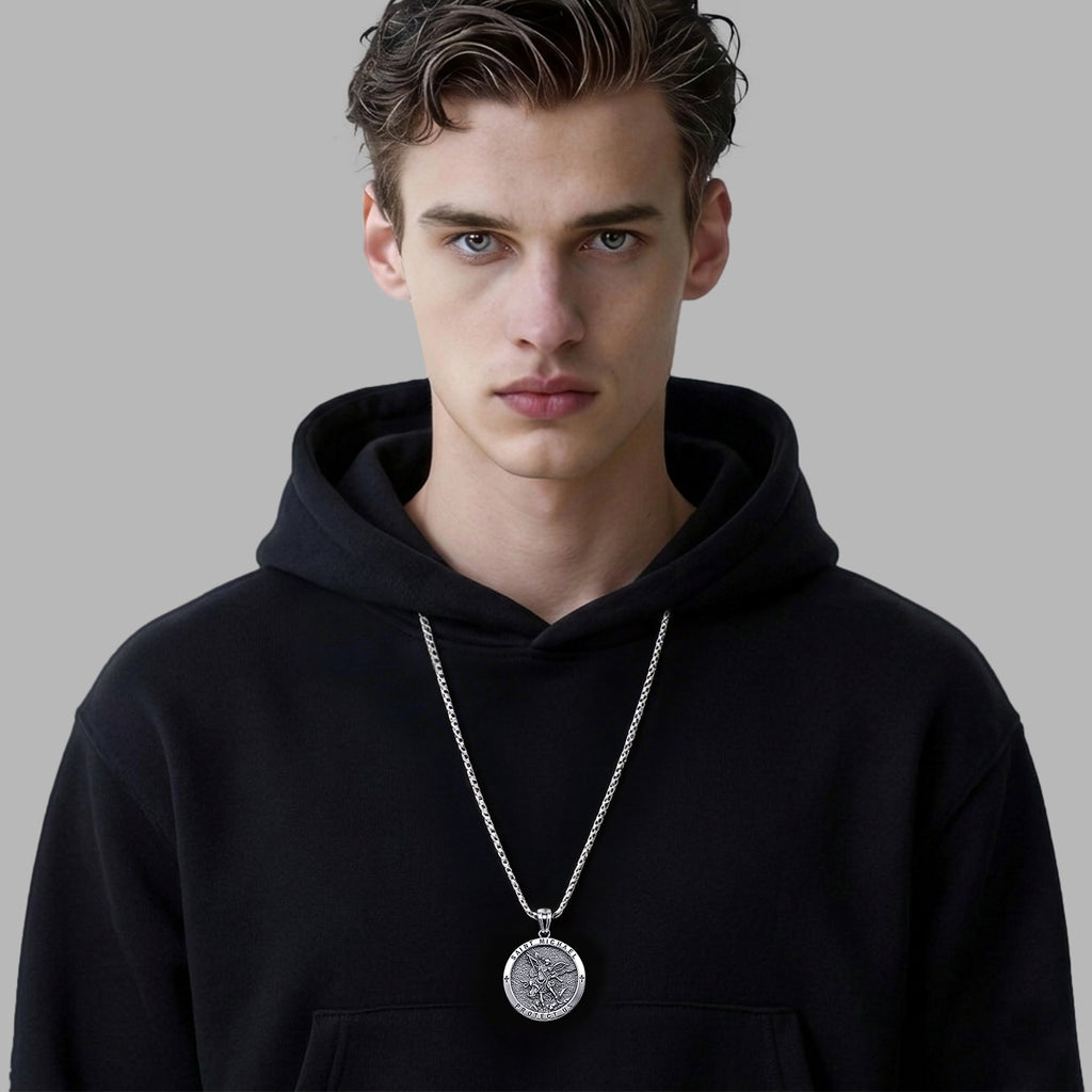 925 Sterling Silver St. Michael Necklace – Christian Archangel Medal Pendant with Stainless Steel Chain, Symbol of Divine Protection, Faith & Strength