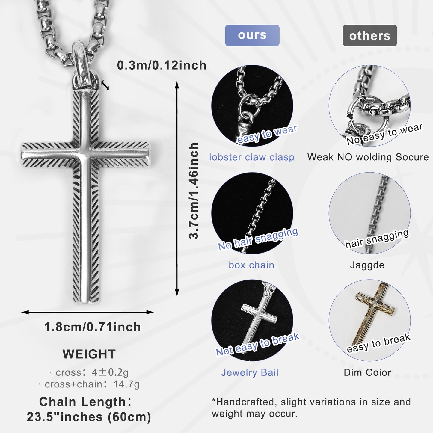 925 Silver Cross Necklace for Men, Handcrafted Hammered/Diagonal-Texture Sterling Silver Pendant, Symbolizing Faith and Strength – Gift for Men for Father’s Day, Christmas, Birthday, and More.