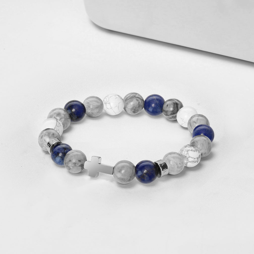 Men’s Christian Cross Energy Bracelet – 10mm Natural Stone Beads for Faith, Spiritual Protection & Inner Strength | Tiger Eye, Hematite, Obsidian, Blue Vein, Map Stone, Howlite