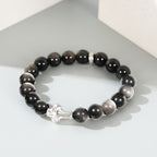 Mens Christian Cross Bracelet – Natural Gemstones (Silver Obsidian/Lapis Lazuli/Tiger Eye) – Adjustable, Symbol of Faith & Protection