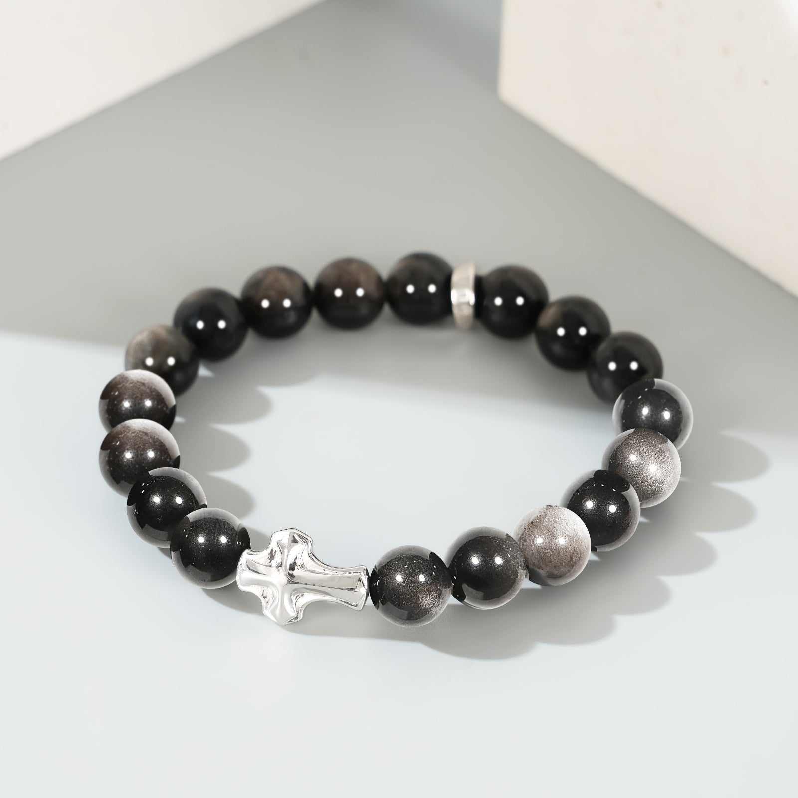 Mens Christian Cross Bracelet – Natural Gemstones (Silver Obsidian/Lapis Lazuli/Tiger Eye) – Adjustable, Symbol of Faith & Protection