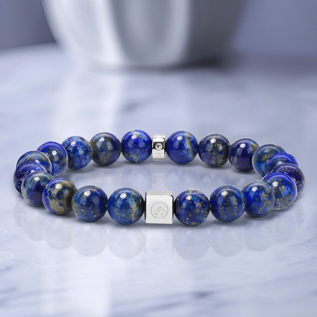 Men’s Beaded Bracelet – Handcrafted 10MM Natural Stone Bracelet (Lapis Lazuli/Silver Sheen Obsidian), Symbolizing Faith & Strength