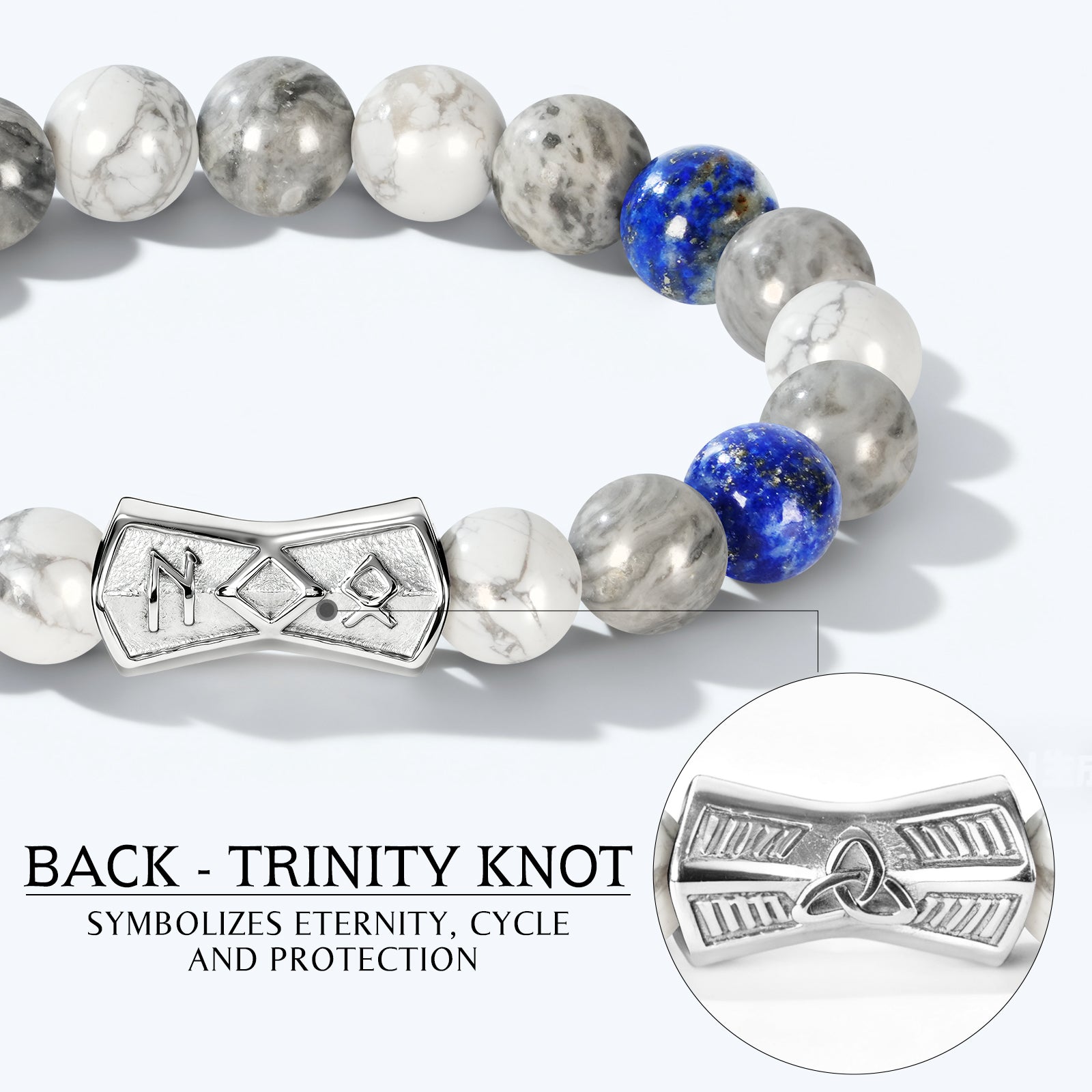 Viking Rune Beaded Bracelet for Men – Natural Gemstones (Lapis Lazuli/Black Agate/Tiger Eye) – Adjustable Elastic, Symbol of Strength & Protection, Perfect Gift for Men