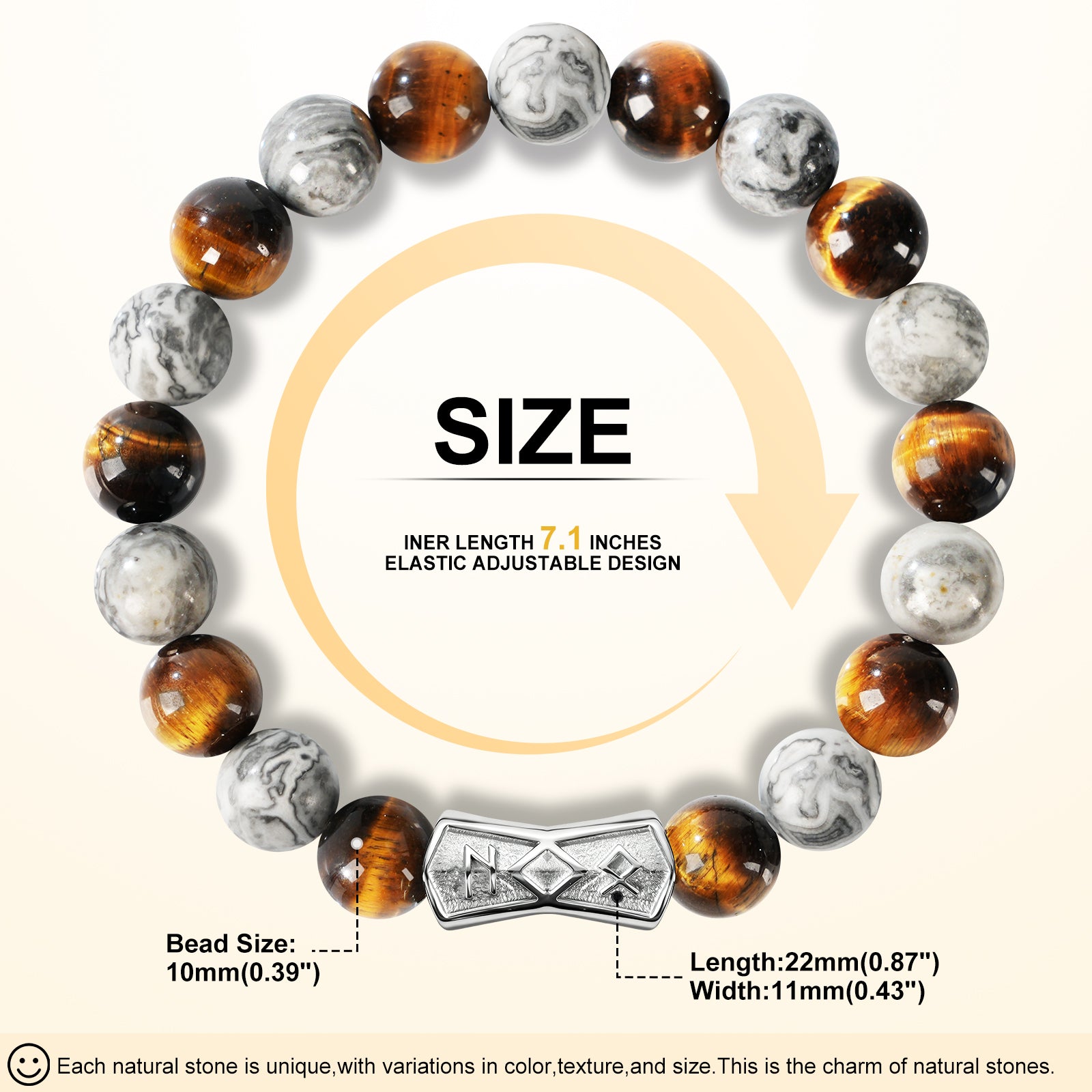 Viking Rune Beaded Bracelet for Men – Natural Gemstones (Lapis Lazuli/Black Agate/Tiger Eye) – Adjustable Elastic, Symbol of Strength & Protection, Perfect Gift for Men