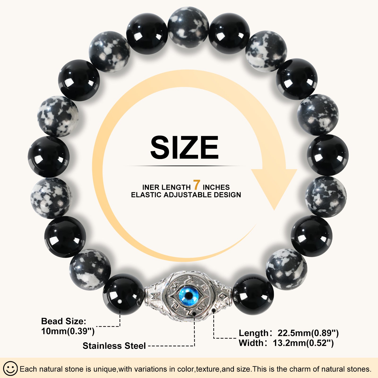 Men’s Evil Eye Beaded Bracelet – 10mm Natural Gemstones (Tiger Eye/ Silver Obsidian/Black Agate/Tiger Eye)) with Protection Charm – Adjustable Elastic, Symbol of Strength & Protection, Perfect Gift for Men