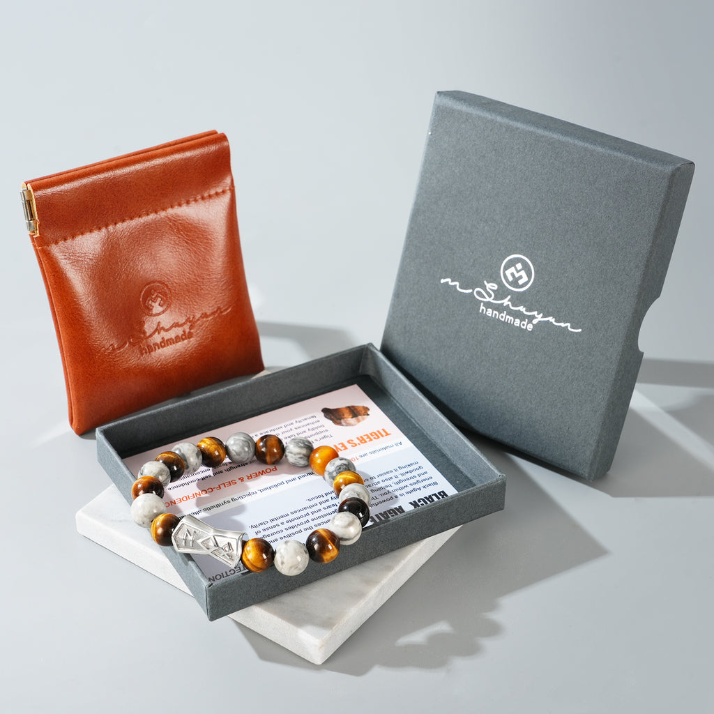 Viking Rune Beaded Bracelet for Men – Natural Gemstones (Lapis Lazuli/Black Agate/Tiger Eye) – Adjustable Elastic, Symbol of Strength & Protection, Perfect Gift for Men