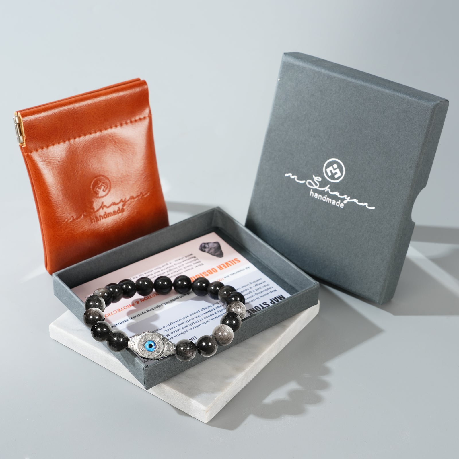 Men’s Evil Eye Beaded Bracelet – 10mm Natural Gemstones (Tiger Eye/ Silver Obsidian/Black Agate/Tiger Eye)) with Protection Charm – Adjustable Elastic, Symbol of Strength & Protection, Perfect Gift for Men