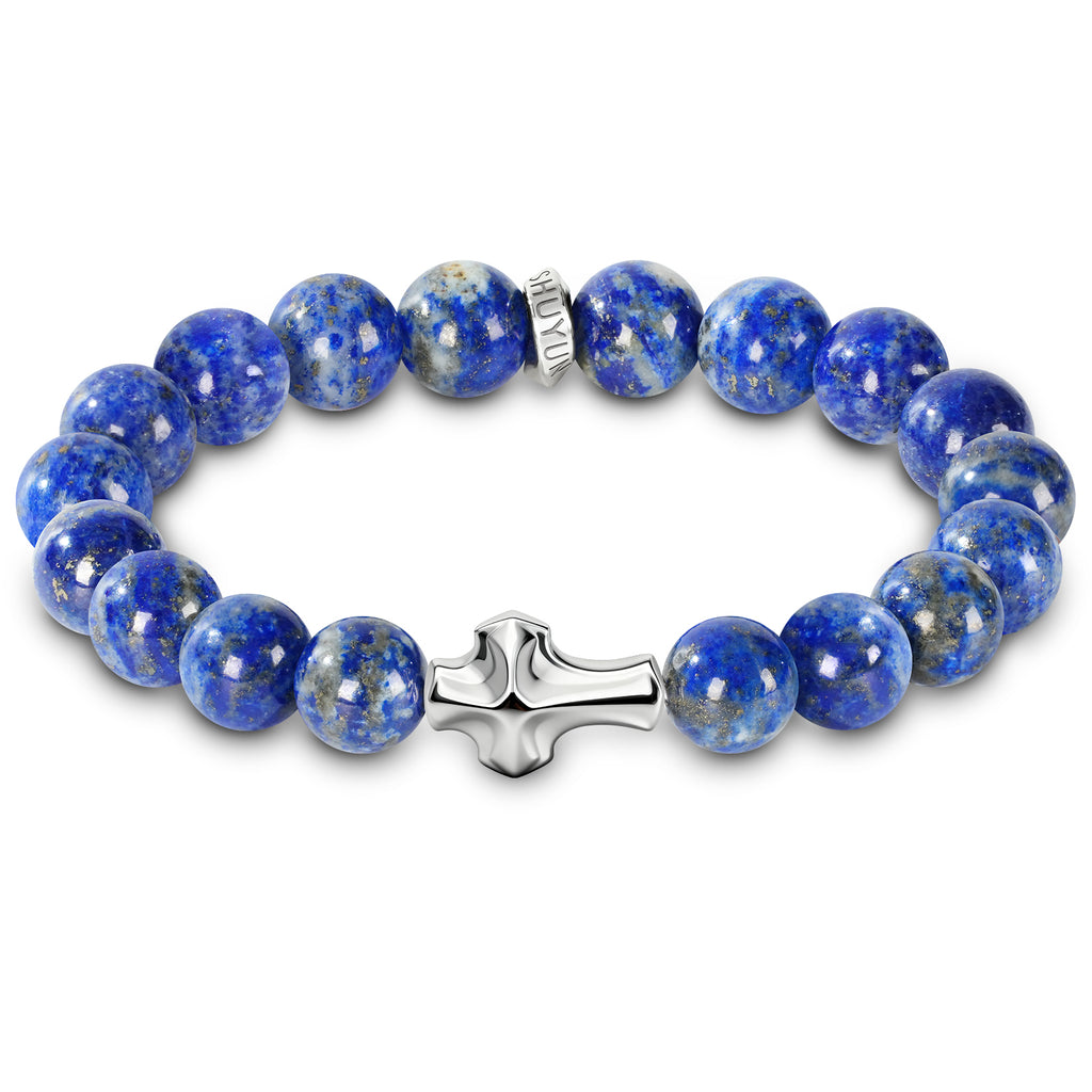 Mens Christian Cross Bracelet – Natural Gemstones (Silver Obsidian/Lapis Lazuli/Tiger Eye) – Adjustable, Symbol of Faith & Protection