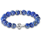 Mens Christian Cross Bracelet – Natural Gemstones (Silver Obsidian/Lapis Lazuli/Tiger Eye) – Adjustable, Symbol of Faith & Protection