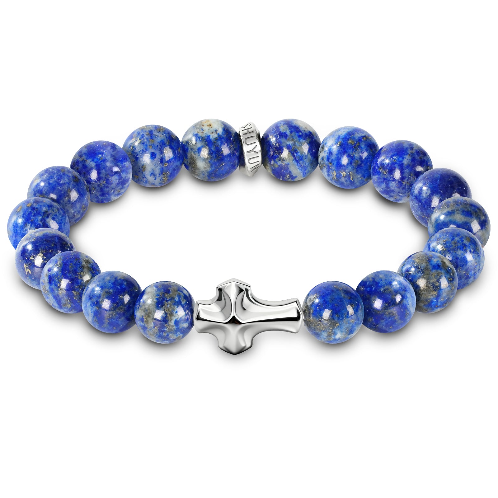 Mens Christian Cross Bracelet – Natural Gemstones (Silver Obsidian/Lapis Lazuli/Tiger Eye) – Adjustable, Symbol of Faith & Protection