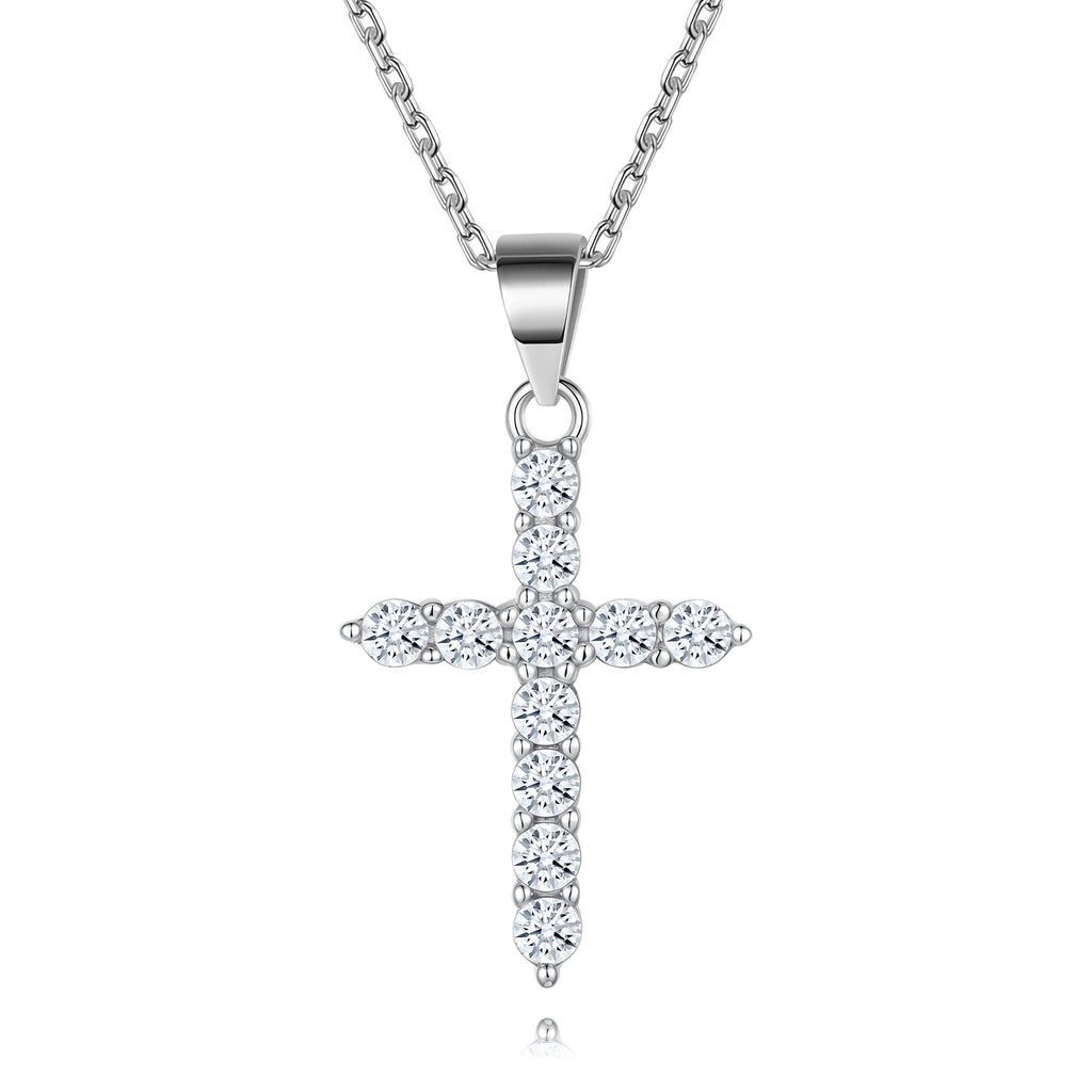 Women's Cross Necklace, Handcrafted from S925 sterling silver, Plated in white gold, with 11 hand-set A+ grade cubic zirconia stones (18 + 2 in).