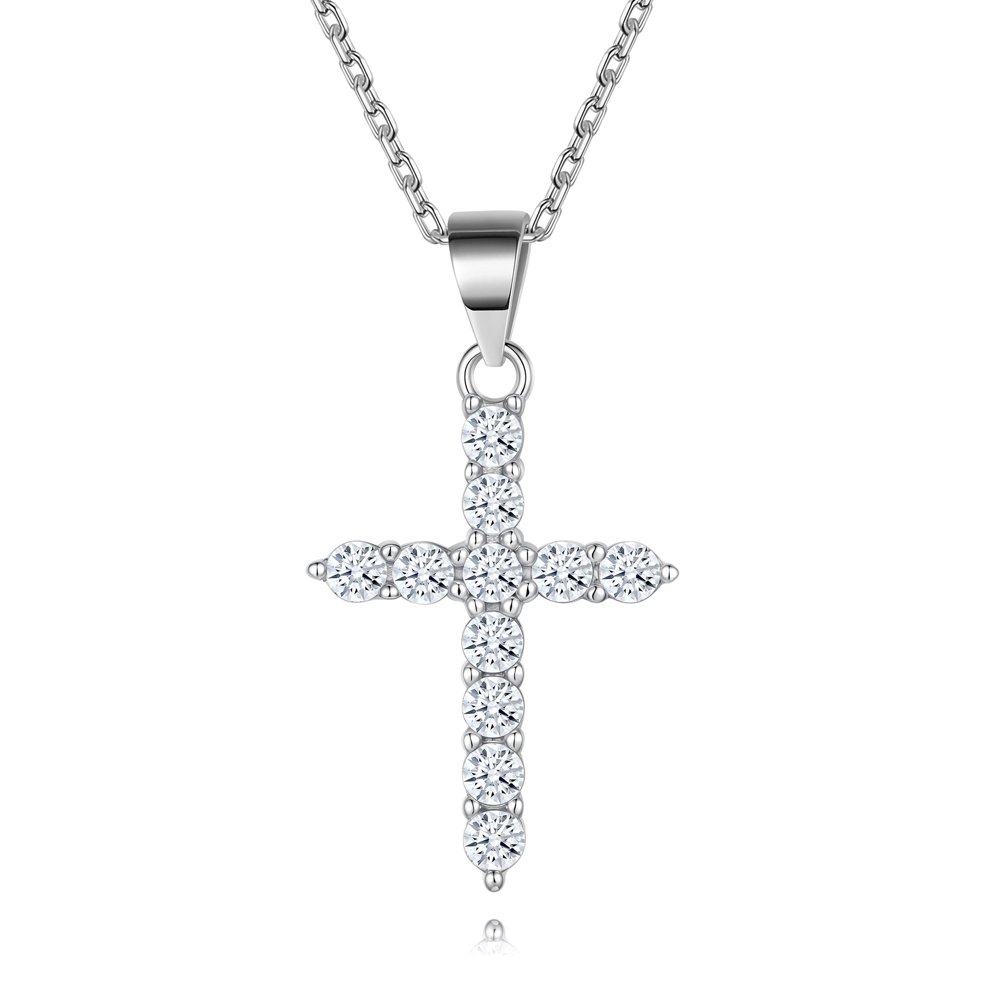 Women's Cross Necklace, Handcrafted from S925 sterling silver, Plated in white gold, with 11 hand-set A+ grade cubic zirconia stones (18 + 2 in).
