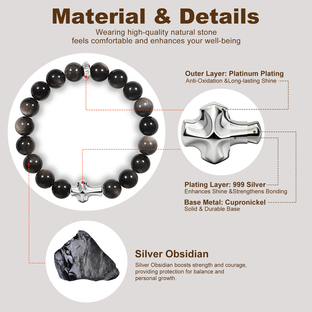 Mens Christian Cross Bracelet – 10mm Natural Gemstones (Silver Obsidian/Lapis Lazuli/Tiger Eye) – Adjustable, Symbol of Faith & Protection