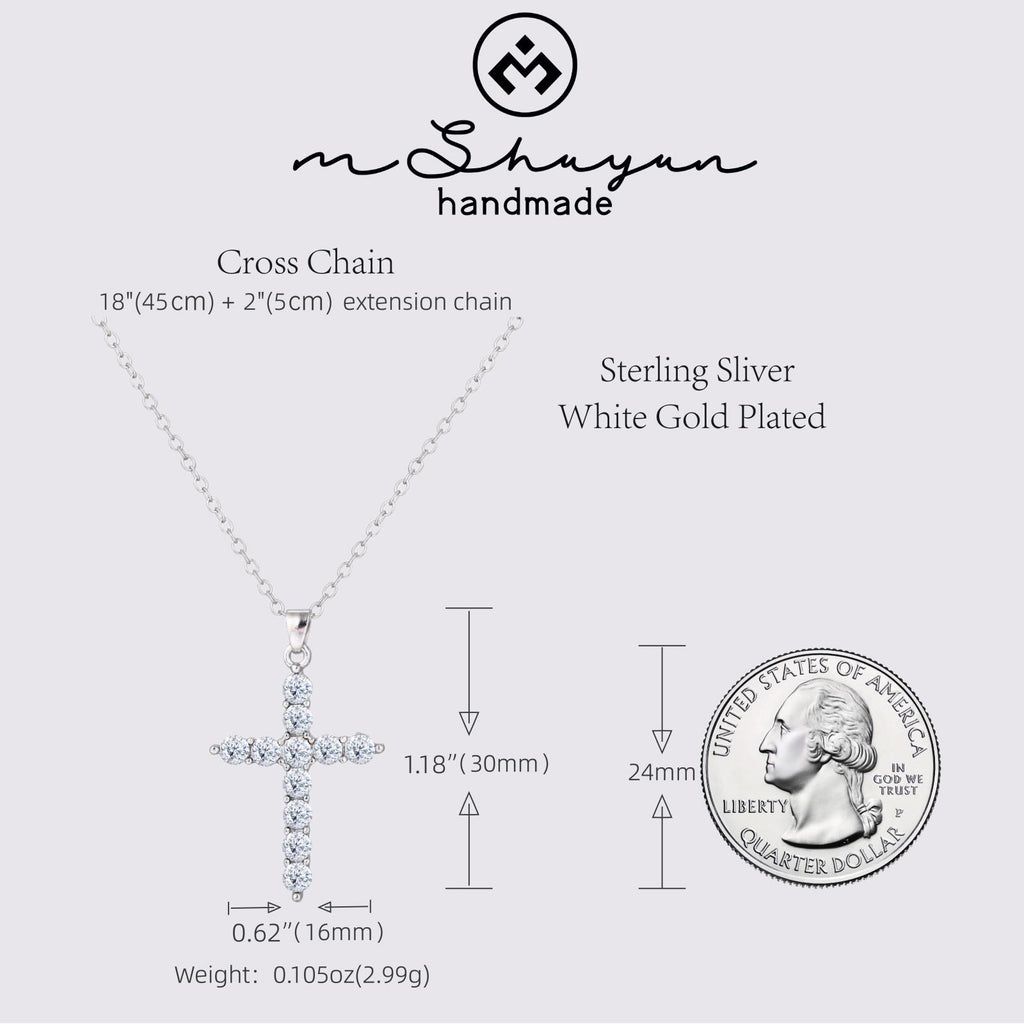 Women's Cross Necklace, Handcrafted from S925 sterling silver, Plated in white gold, with 11 hand-set A+ grade cubic zirconia stones (18 + 2 in).