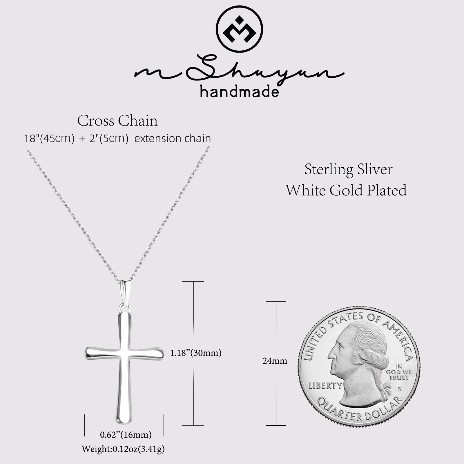 Women's Cross Necklace, Handcrafted from S925 sterling silver, Plated in white gold, with 11 hand-set A+ grade cubic zirconia stones (18 + 2 in).