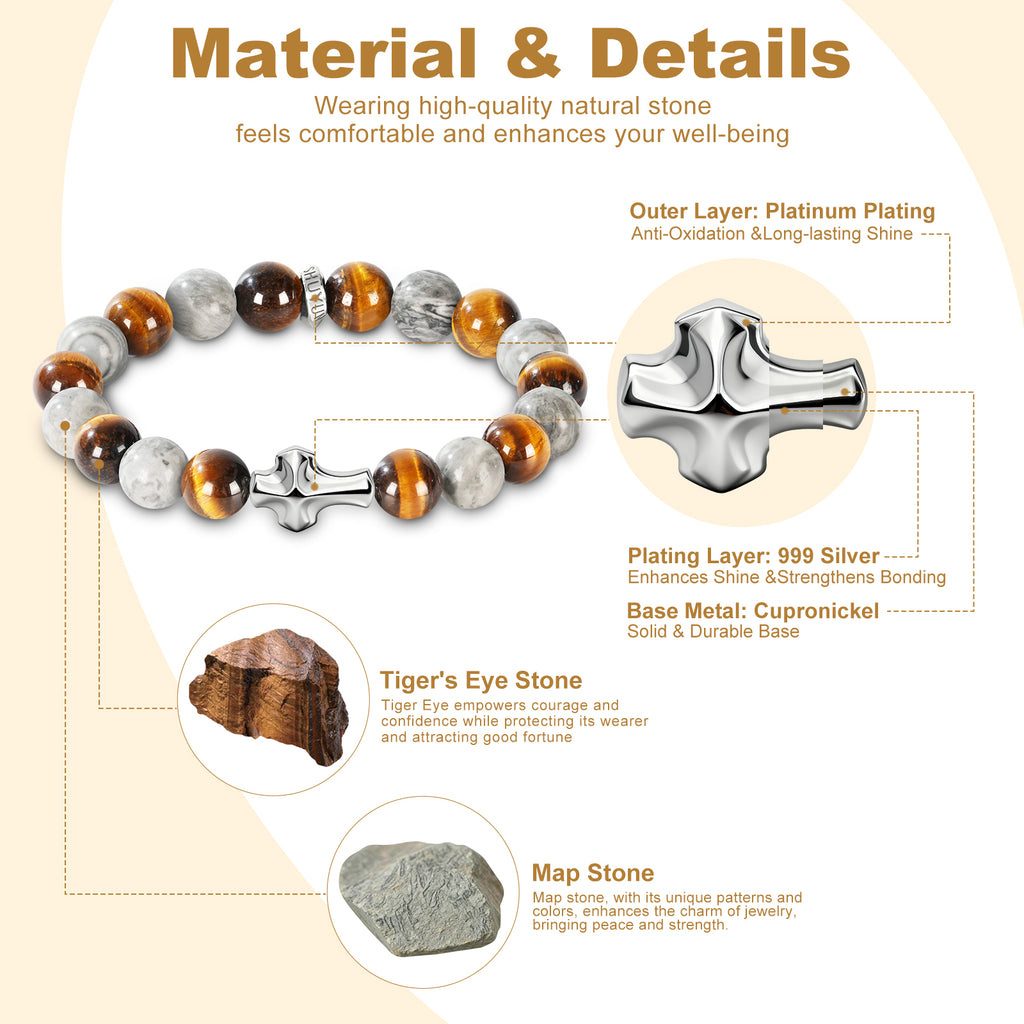 Mens Christian Cross Bracelet – 10mm Natural Gemstones (Silver Obsidian/Lapis Lazuli/Tiger Eye) – Adjustable, Symbol of Faith & Protection