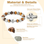 Mens Christian Cross Bracelet – 10mm Natural Gemstones (Silver Obsidian/Lapis Lazuli/Tiger Eye) – Adjustable, Symbol of Faith & Protection